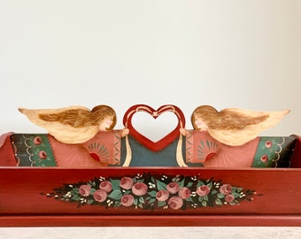 Vintage Hand Painted Angel Folk Art Wood Basket: Signed Floral Tray