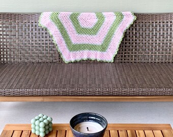 Vintage Crochet Lap Blanket: Handmade Boho Afghan, Pink & Green Throw
