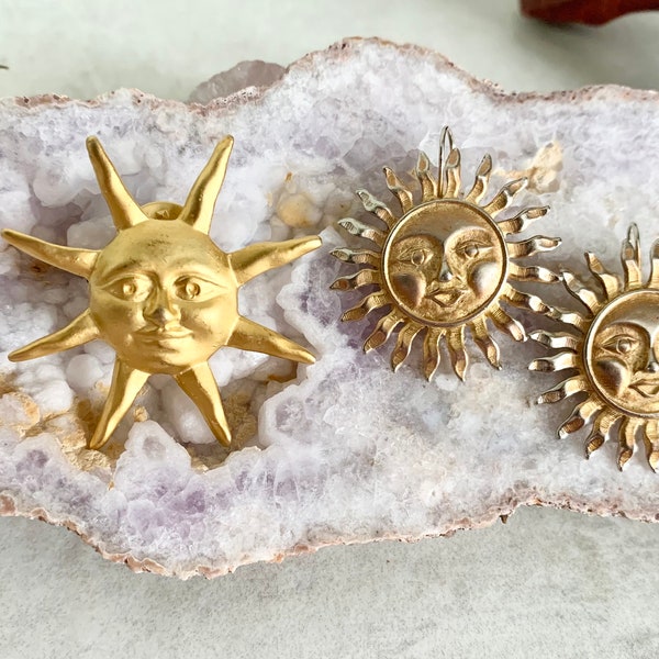 Vintage Sun Earrings, Smiling Sun Brooch,  Vintage Celestial Jewelry, Eclectic Gifts for Her