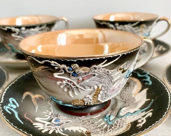 茶道具　ヴィンテージ　手彫り　アジアンティーセット　ドラゴン　石彫　装飾 Vintage Japanese Dragonware Tea Set: Hand-painted China, 10 Piece