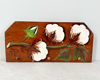 Hand Painted Cotton Blossom Key Holder, Vintage Wood Wall Hanging with Brass Hooks, MCM Jewelry Display