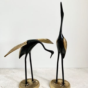 Pair Vintage Brass Cranes, Heron, Egret, Stork, Mid Century Bookshelf or Tabletop Boho Decor, Brass and Black, Retro Bird Lover Gifts