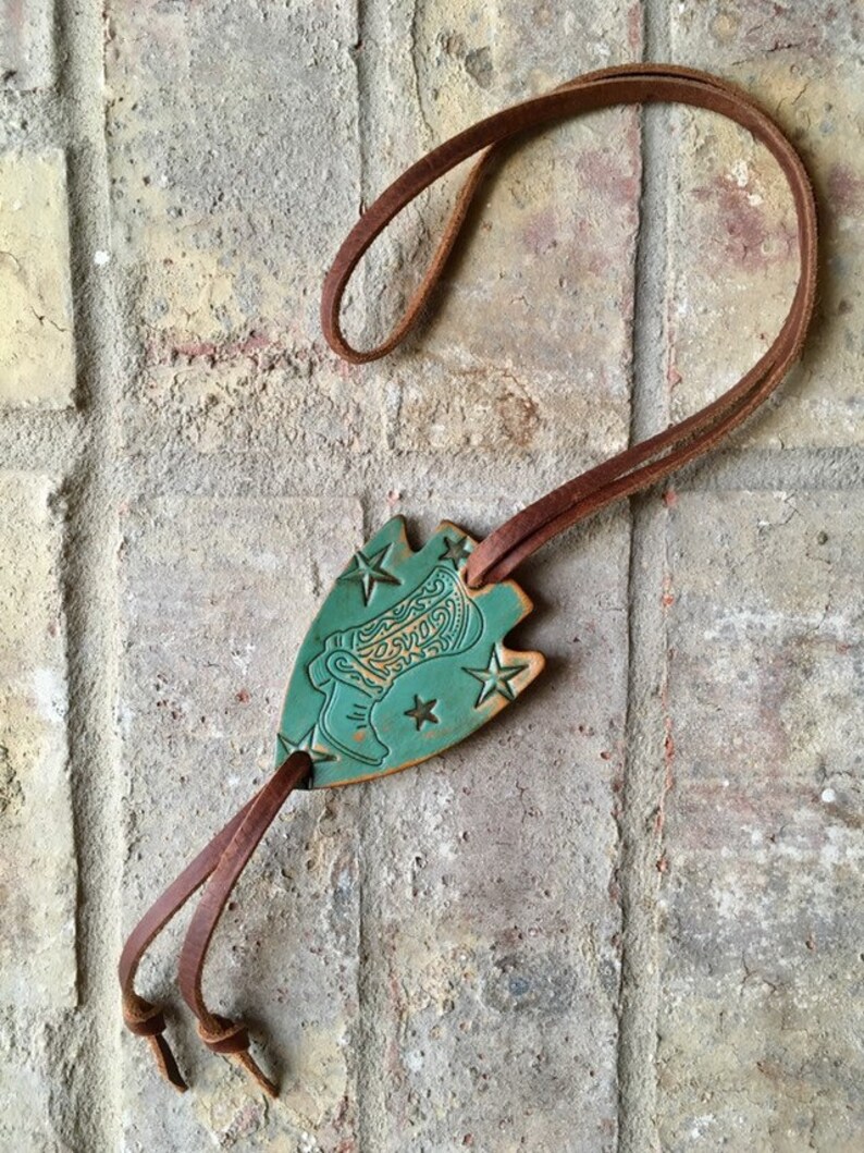 Handmade Gifts for Her Western Boot Embossed Leather Bolo Necklace
