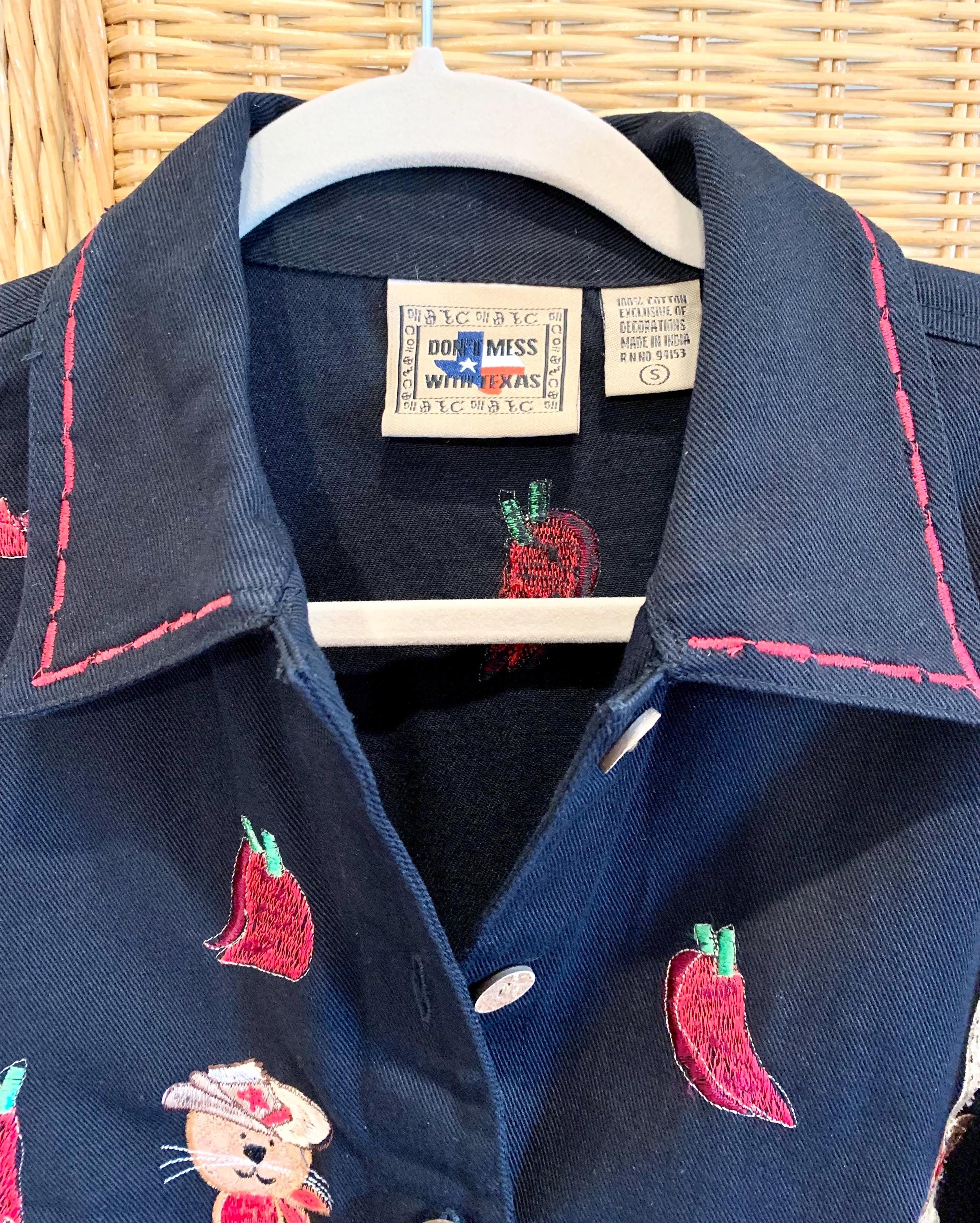 Vintage Embroidered Denim Jacket: Western Cat & Chili Pepper