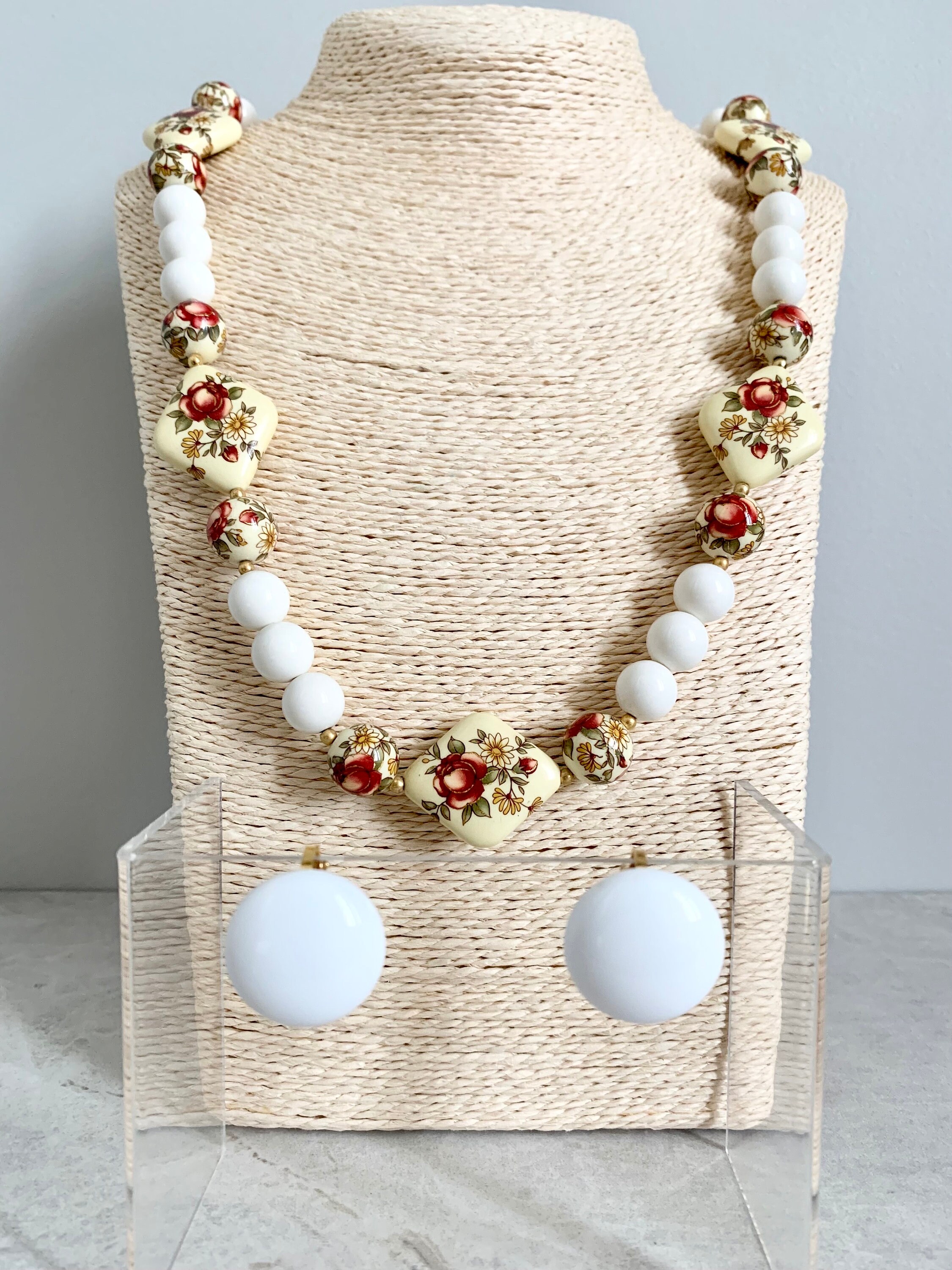 Vintage Japanese Tensha Bead Necklace, Chunky Flower Beads