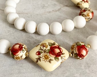 [TATIANA] 韓国☆Totem Heart Flower Bead Necklace Vintage Japanese Tensha Bead Necklace, Chunky Flower Beads