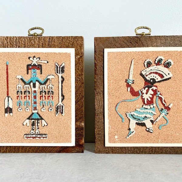 Rainbow Way LTD. Vintage Native American Sand Art Set Of 2, Spirit of Four Forces, Apache Mountain Spirit Dancer, Vintage Albuquerque NM Art