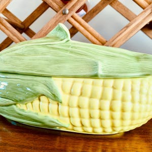 Vintage Ceramic Corn Shaped Serving Dish, Signed Corn Art, Lidded Corn Bowl, Retro Kitchen Decor
