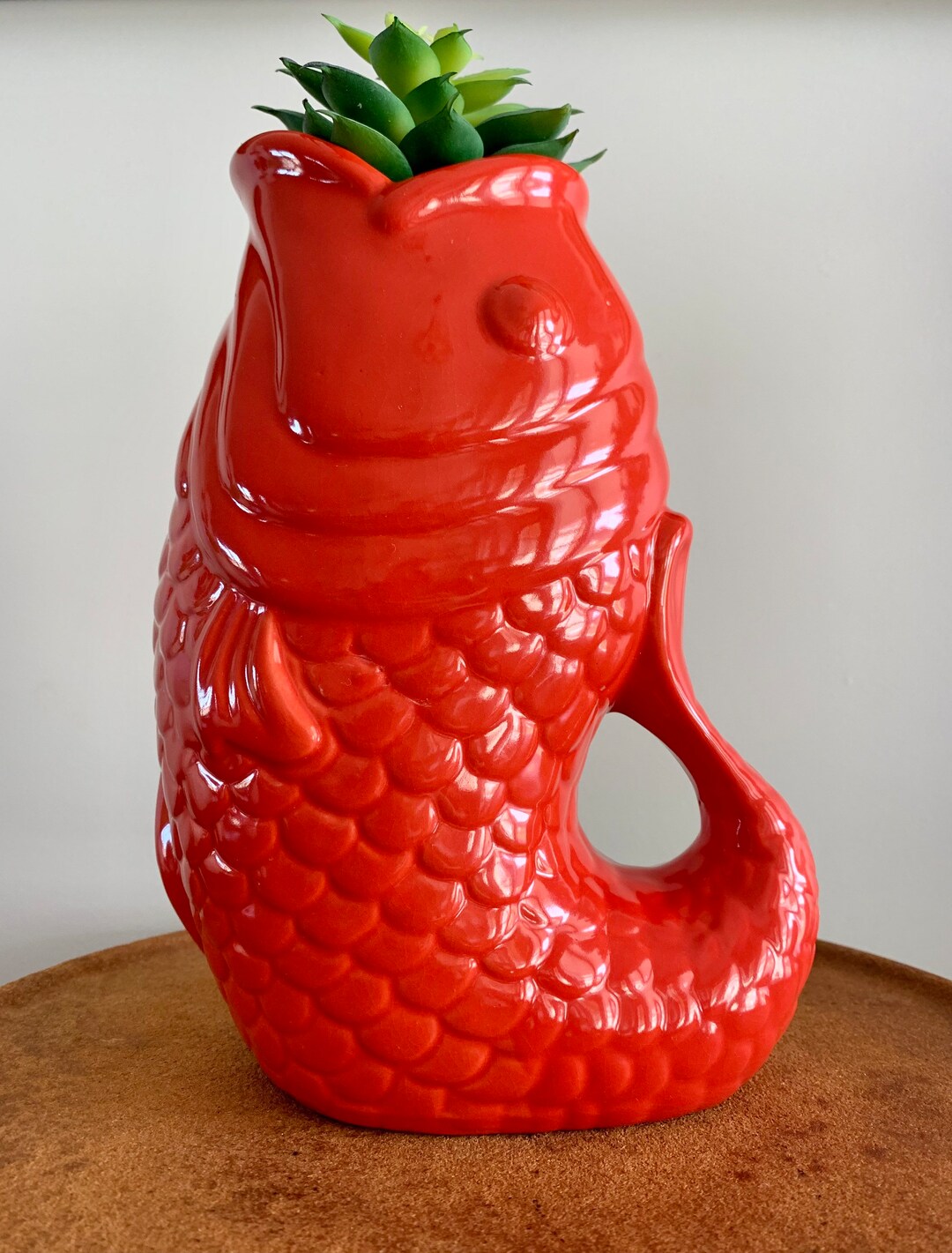 Large Red Vintage Ceramic KOI Fish Vase, Ceramic Japanese Carp Figurine