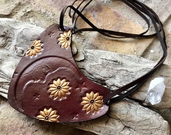 Handmade Embossed Leather Moon Choker, Floral Star Design