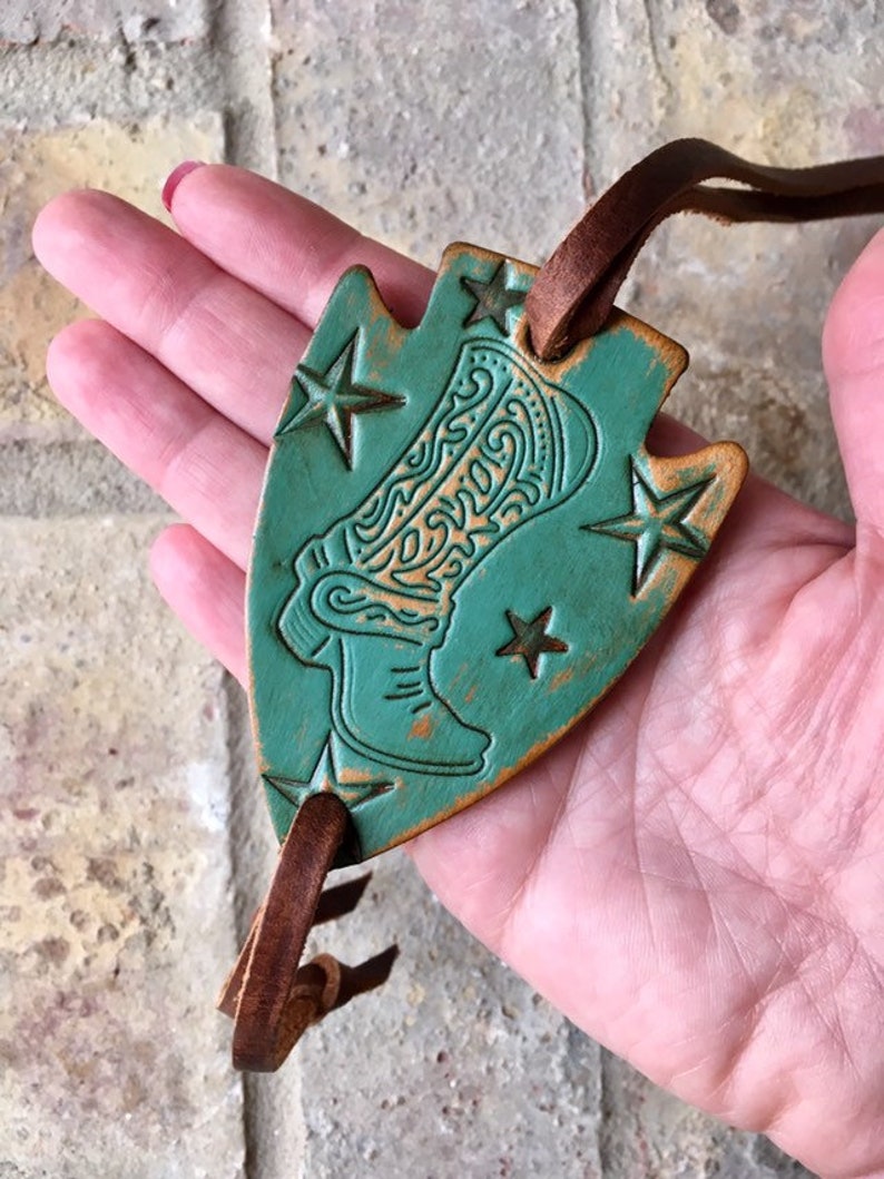 Handmade Gifts for Her Western Boot Embossed Leather Bolo Necklace