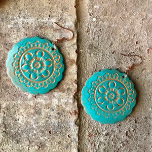 Turquoise Embossed Leather Earrings, Handmade Gifts for Her