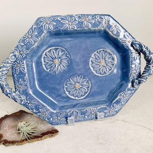 Blue Daisy Pottery Tray, Handmade Signed Studio Art, OOAK Gift, Tabletop Decor with Handles, Denim Trinket Tray