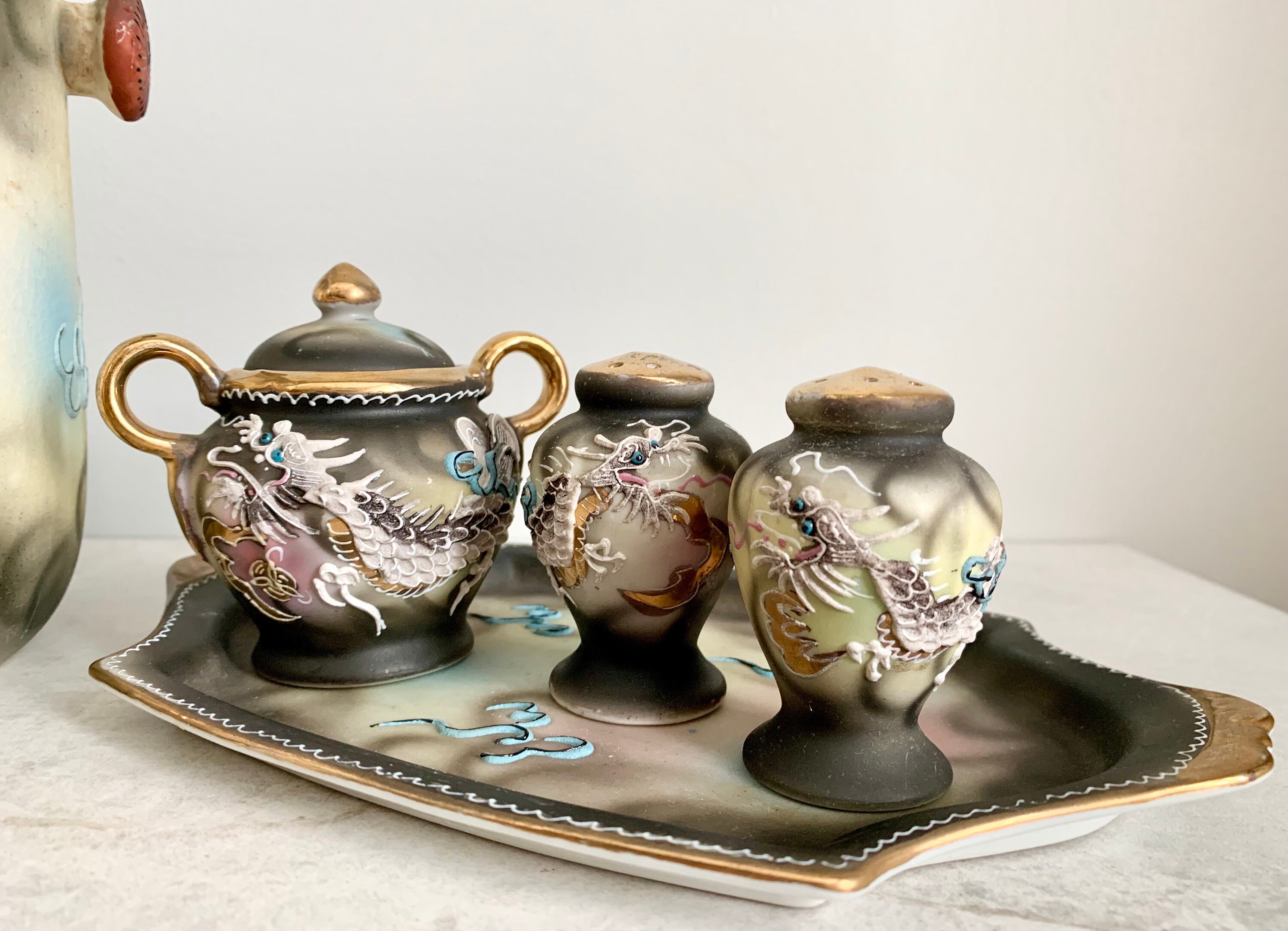 Vintage Japanese Moriage Dragonware 5-piece Set: Hand-painted