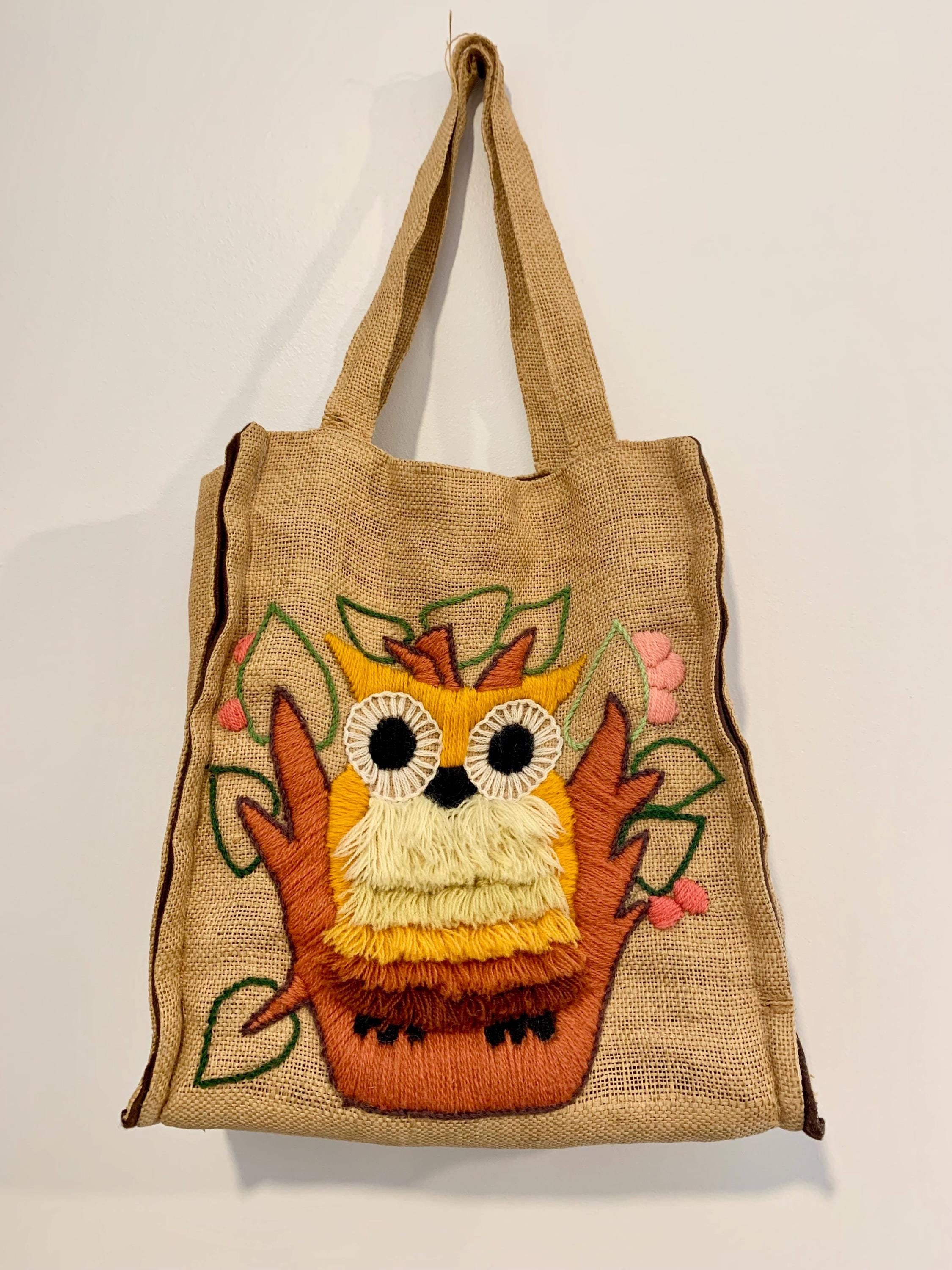 Vintage Jute Owl Shoulder Bag: Handmade Boho Purse