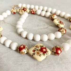 Vintage Japanese Tensha Bead Necklace, Chunky Flower Beads, Plastic and Porcelain Beaded Necklace, White Pink & Gold, 31&quot; with Earrings