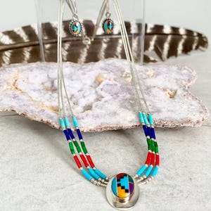 Liquid Silver 3 Strand Woven Necklace, Sterling Mosaic Pendant Woven Beaded Necklace and Earrings, Multicolored Sterling Vintage Jewelry Set