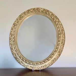 Vintage Ornate Oval Mirror, Gold and Cream Hanging Wall Decor, MCM, Hollywood Regency
