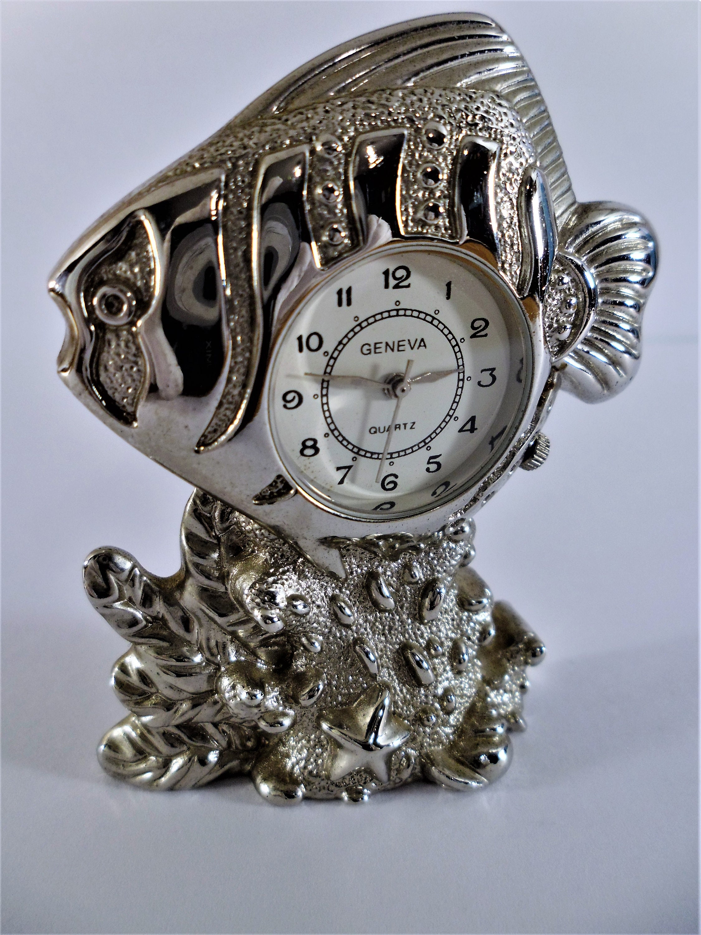 Clocks Chrome Silver Tropical Fish on Coral Vintage Quartz Etsy
