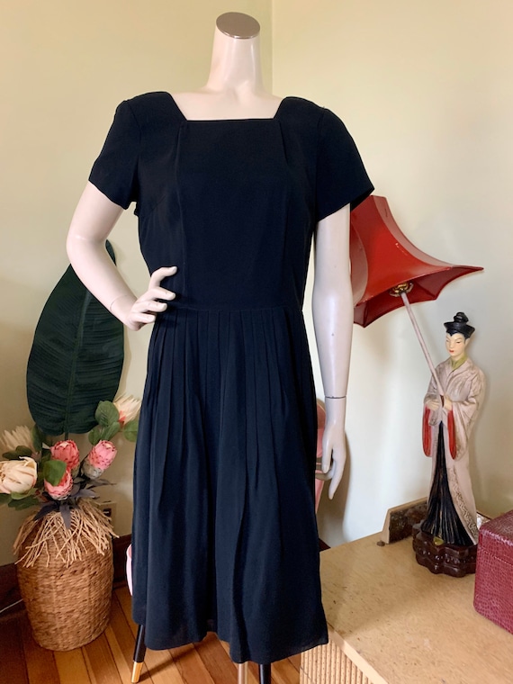 Vintage 1950's Little Black Dress, square neck, p… - image 1