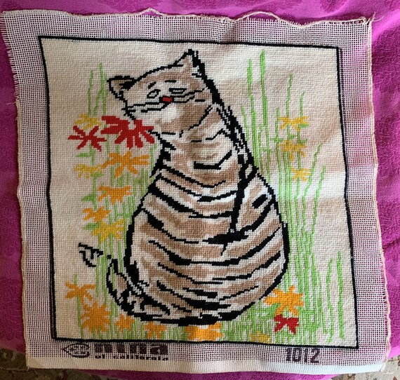 Vintage 70 S Cat Needlepoint Boho Striped Cat With Etsy