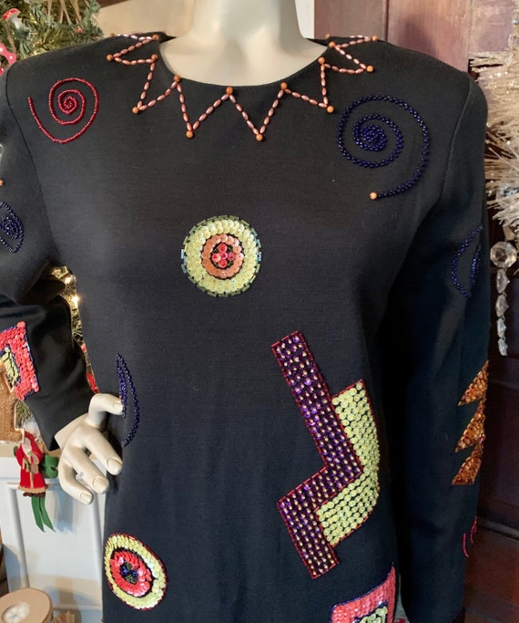 Vintage 80's Black Sweater Dress with geometric S… - image 5