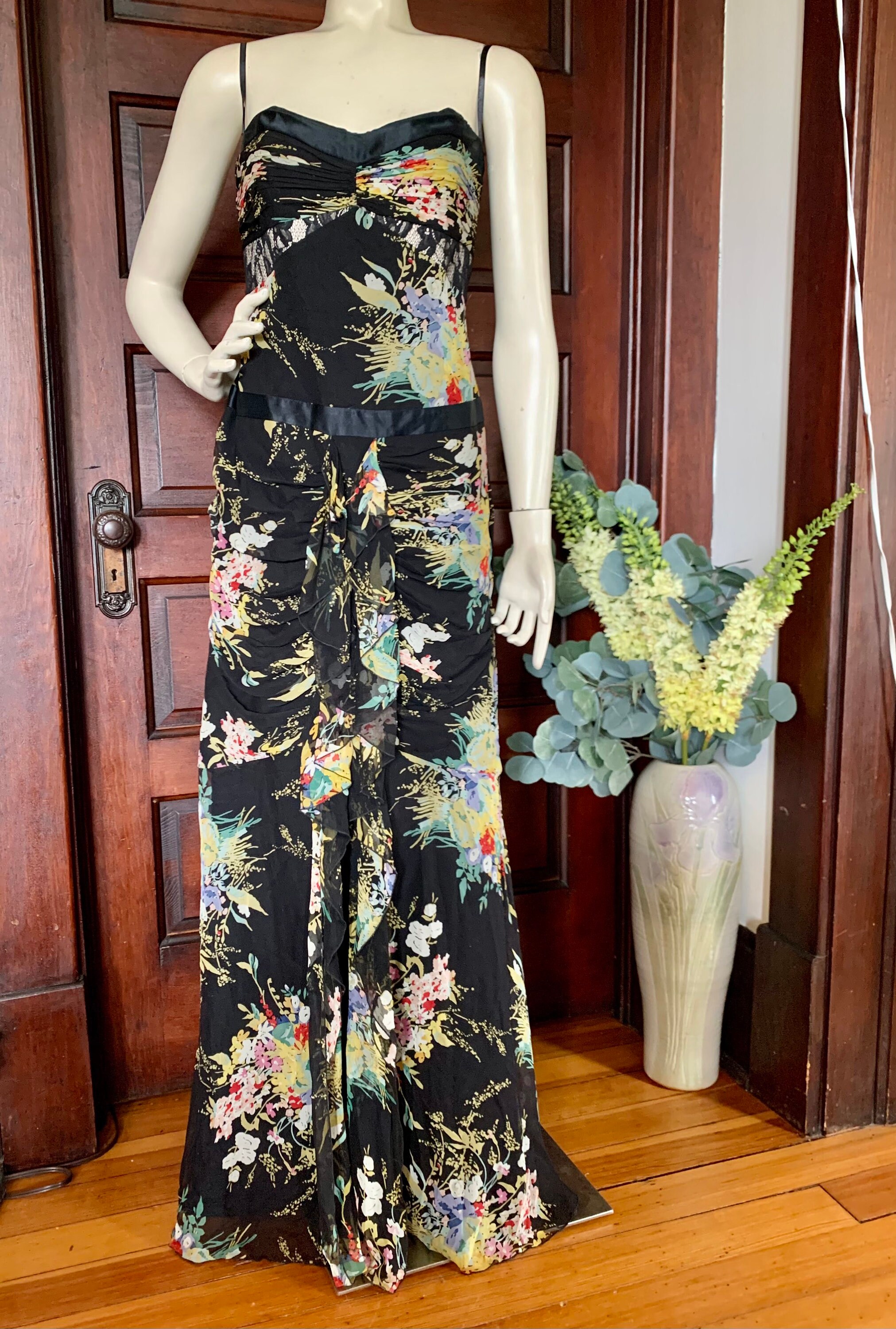Vintage 90's Does 30's Glam. Full Length Dress by David Meister 100% Silk Floral on Black. Elegant Strapless Gown - Etsy Vintage 90's Does 30's Glam. Full Length Dress by David Meister 100% Silk Floral on Black. Elegant Strapless Gown - Etsy