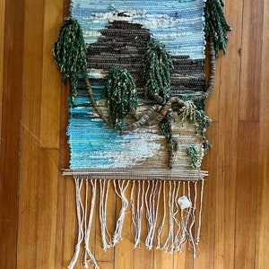 Vintage 70&#39;s hand woven wall hanging, wall art.  Hawaiian vibe beach scene palm trees 22x31”
