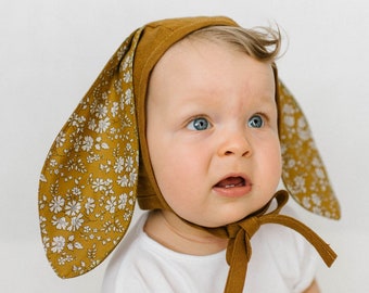 Bunny baby bonnet, cinnamon rabbit bonnet, floral bunny ears bonnet, newborn summer hat, toddler spring bonnet, baby girl bonnet