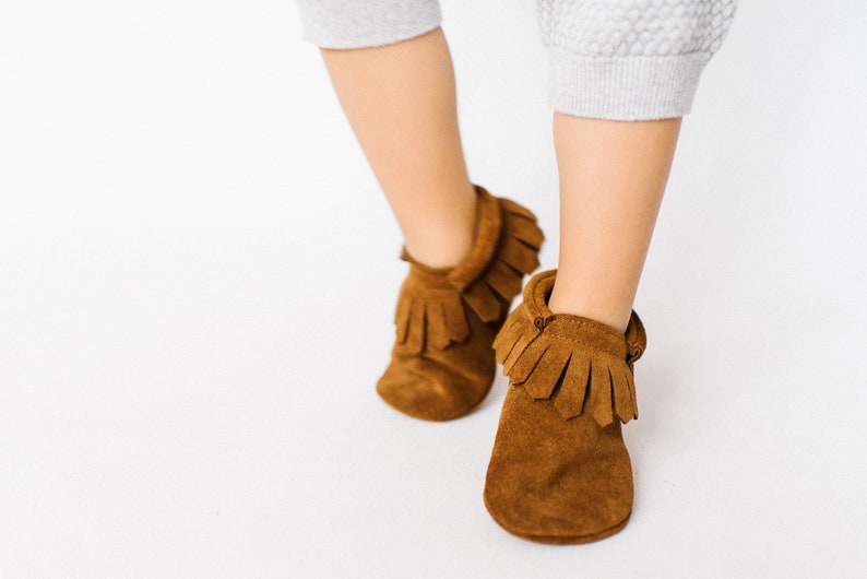 leather baby shoes soft sole baby shoes Brown suede baby moccasins soft baby booties baby shower gift toddler slippers
