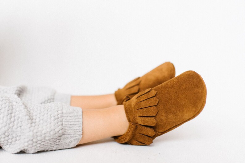 leather baby shoes soft sole baby shoes Brown suede baby moccasins soft baby booties baby shower gift toddler slippers