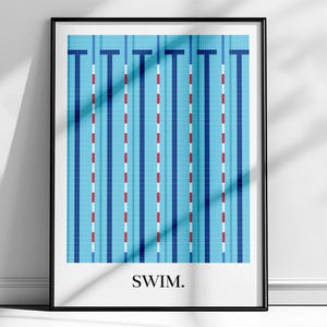 Minimalistiskt konsttryck med pool: Utskrivbar simmarpresent, geometrisk blå väggdekor (digital nedladdning)