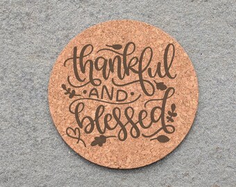 Thankful And Blessed Cork Pot Holder Trivet Hot Plate | Custom Unique Home Decor Housewarming Gift