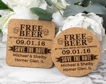 Free Beer Funny Save The Date Cork Coaster | Personalized Custom Wedding Save The Dates
