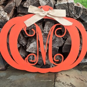 Monogram D Orange Pumpkin Fall Wood Door Hanger with Handmade Bow