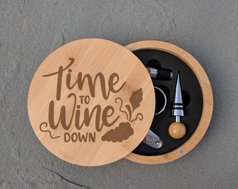 Time To Wine Down | 4pc Wine Bamboo Tool Set | Unique Wedding Wine Gift