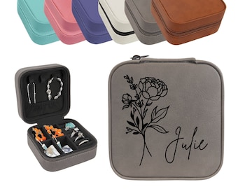 Personalized Jewelry Box Birth Flower Faux Leather Travel Jewelry Case | Unique Gifts For Her Mothers Day Wedding Bridal Party Gift