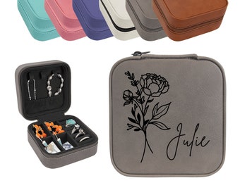 Personalized Jewelry Box Birth Flower Faux Leather Travel Jewelry Case | Unique Gifts For Her Wedding Bridal Party Gift