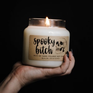 Spooky Bitch Skull Soy Candle | Halloween Fall 16.5 oz. Large Hand Poured All Natural Candles | Unique Skeleton Gift