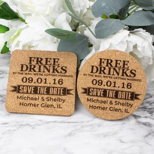 Free Drinks Funny Save The Date Cork Coaster | Personalized Custom Wedding Save The Dates