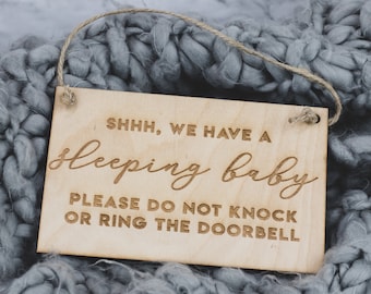 Sleeping Baby Wood Door Hanger Sign | Shh We Have A Sleeping Baby, Please Do Not Knock Ring The Doorbell | Engraved Newborn Baby Shower Gift