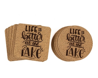 Life Is Better At The Lake Coasters - Set of 6 | Custom Engraved Cork Coaster | Funny Unique Ready To Ship Gift Stocking Stuffer