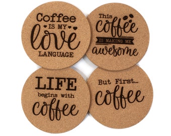 Coffee Cork Coaster Set | Funny Coffee Espresso Latte Cappuccino Coasters | Funny Unique Ready To Ship Gift Stocking Stuffer