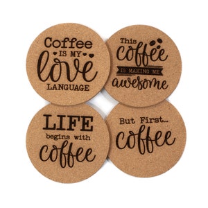 Coffee Cork Coaster Set of 4 | Funny Coffee Espresso Latte Cappuccino Coasters | Funny Unique Ready To Ship Gift Stocking Stuffer