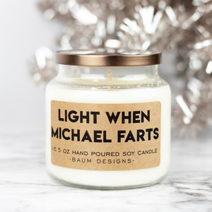 Personalized Light When Name Farts Soy Candle. Large 16.5oz, Over 100 hours of burn time. Black Bronze or Silver lid options.  Funny All Natural Candles from Baum Designs.