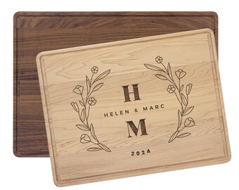 Personalized Cutting Board Floral Wreath Name And Anniversary Year | Maple or Walnut Wood, Multiple Size Options