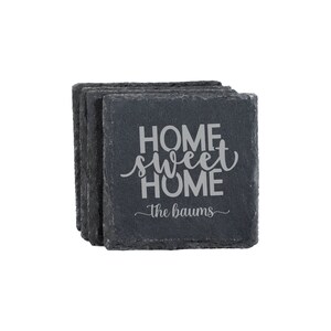 Personalized Home Sweet Home Slate Coasters - Set of 4 | Custom Engraved Slate Coaster | Unique Wedding Housewarming Mother&#39;s Day Gift