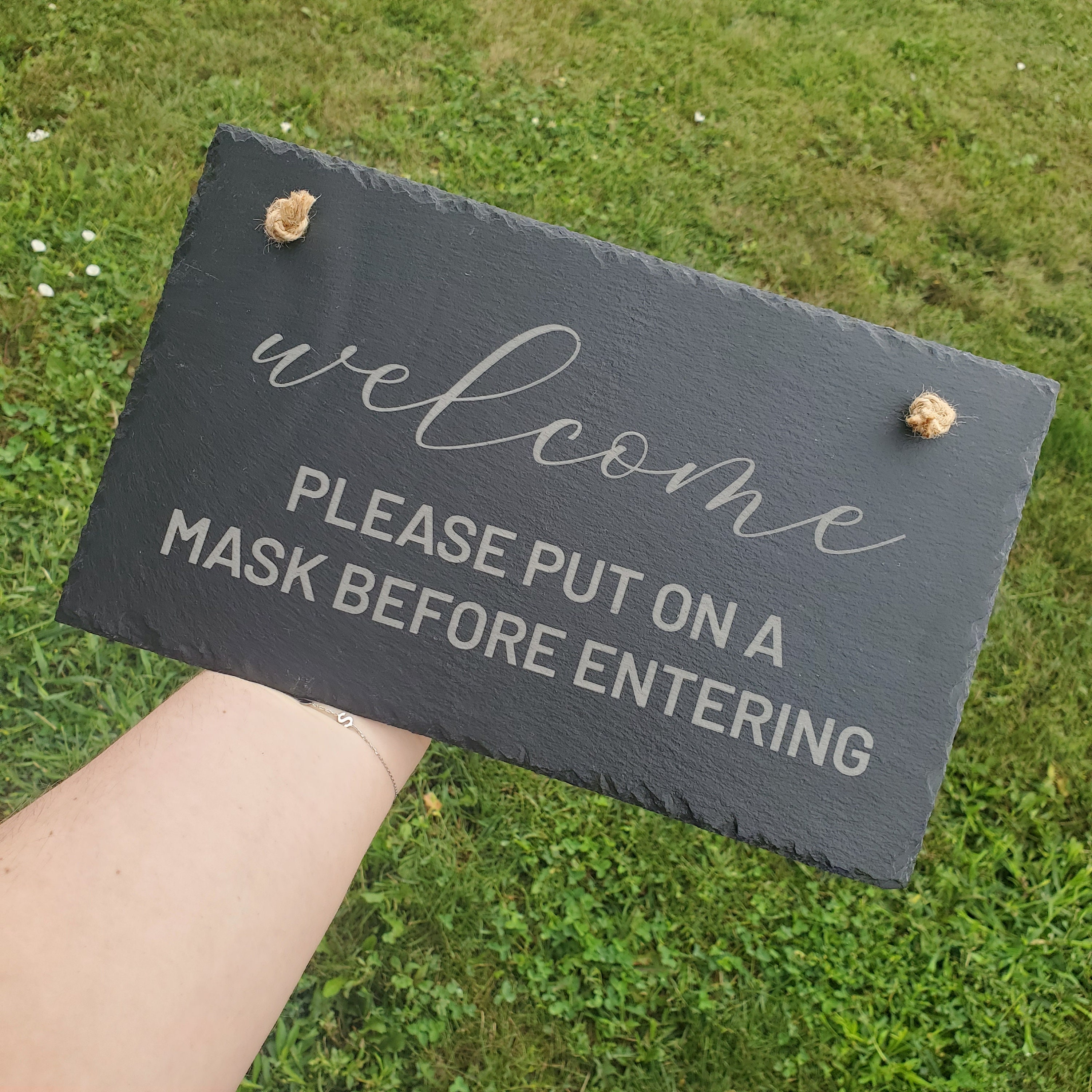 Welcome Please Put on A Mask Slate Sign Door Hanger | COVID Front Door ...