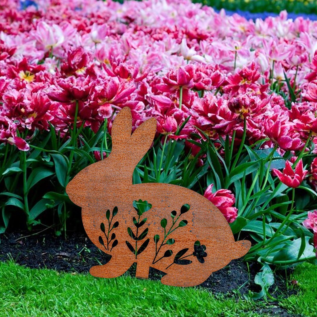 Bunny Rabbit Floral Metal Garden Stake | Raw Metal Patinas Over Time ...