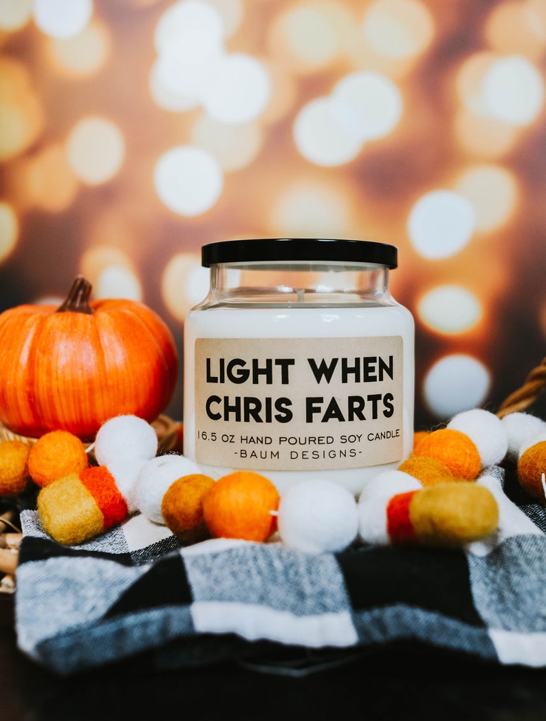 Personalized Light When Name Farts Soy Candle. Large 16.5oz, Over 100 hours of burn time. Black Bronze or Silver lid options.  Funny All Natural Candles from Baum Designs.